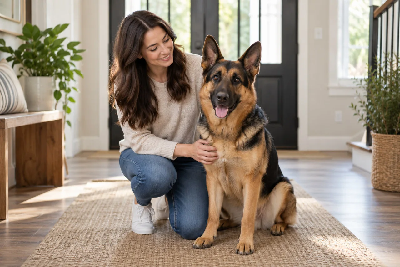 Owner kneeling beside a dog near a doorway